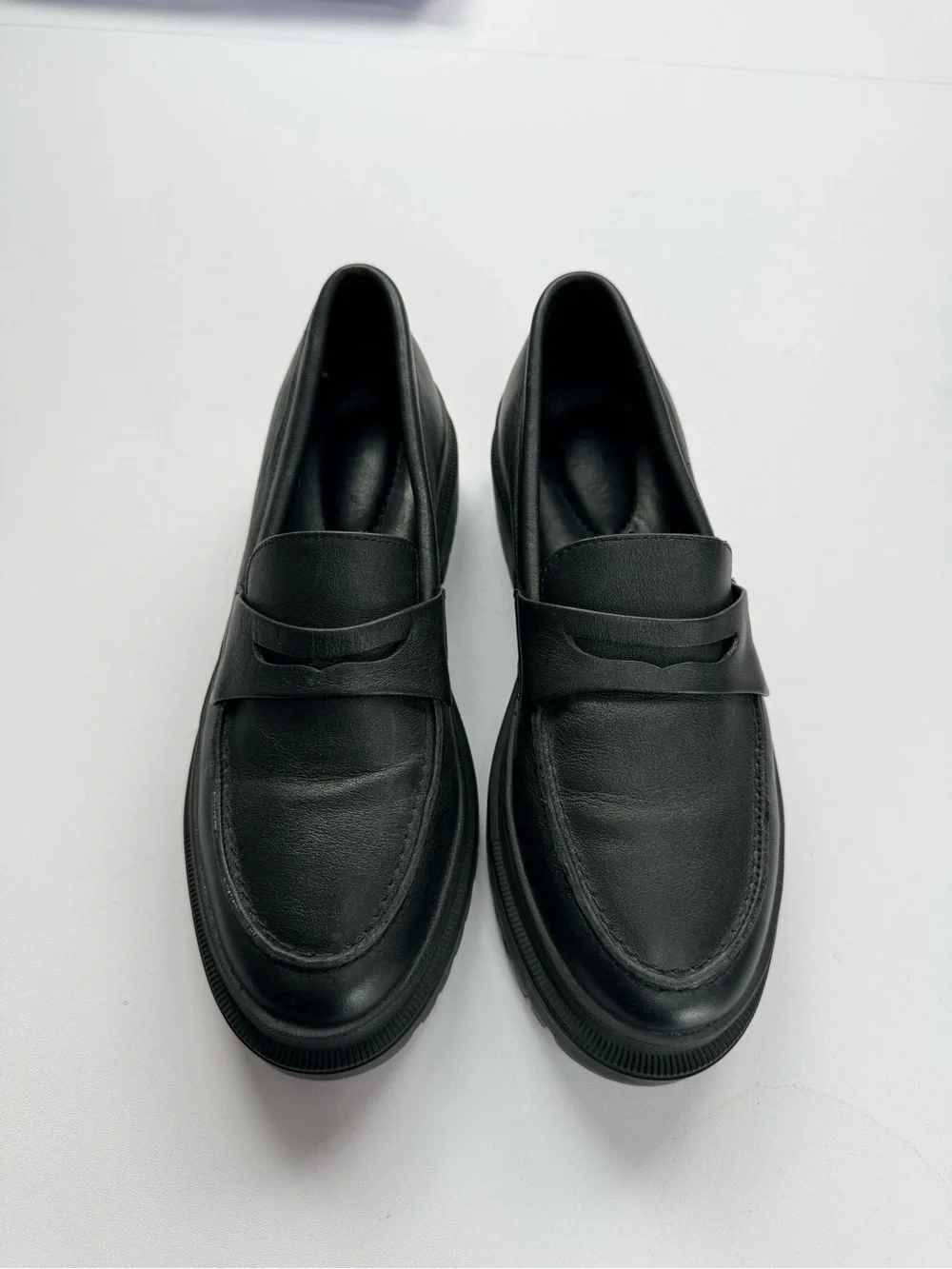 Patina Black Leather Chunky Lug Sole Penny Loafers EU 8.5 Platform Preppy